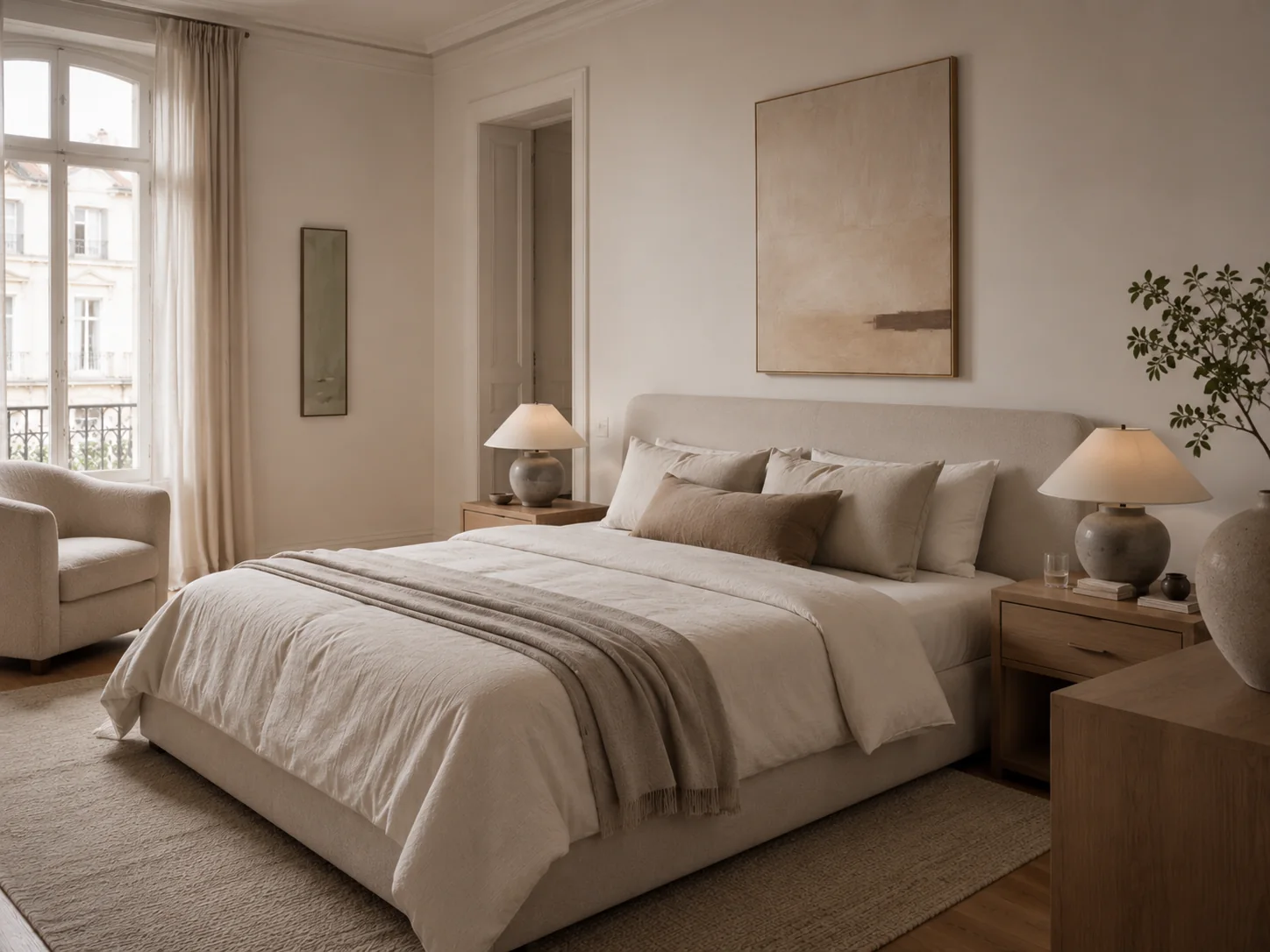 Ruhiges Schlafzimmer mit warmen Naturtönen