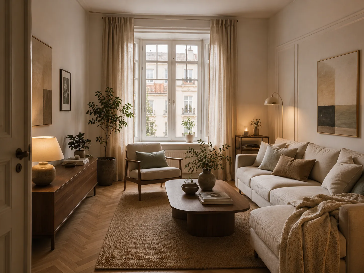 Wohnzimmer mit klarer Raumplanung und warmem Licht